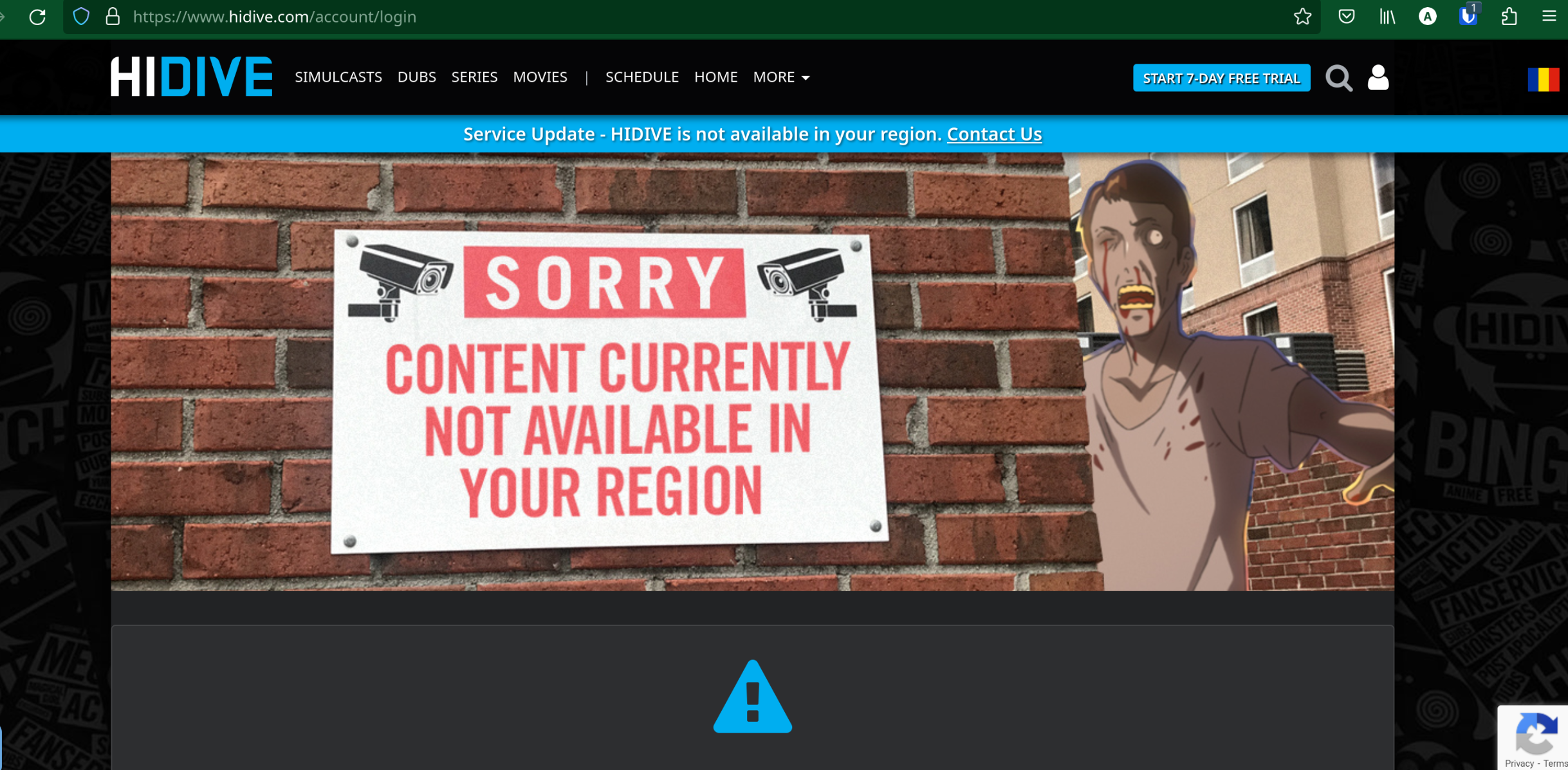 The image banner that loaded showing a large text of "CONTENT CURRENTLY NOT AVAILABLE IN YOUR REGION"