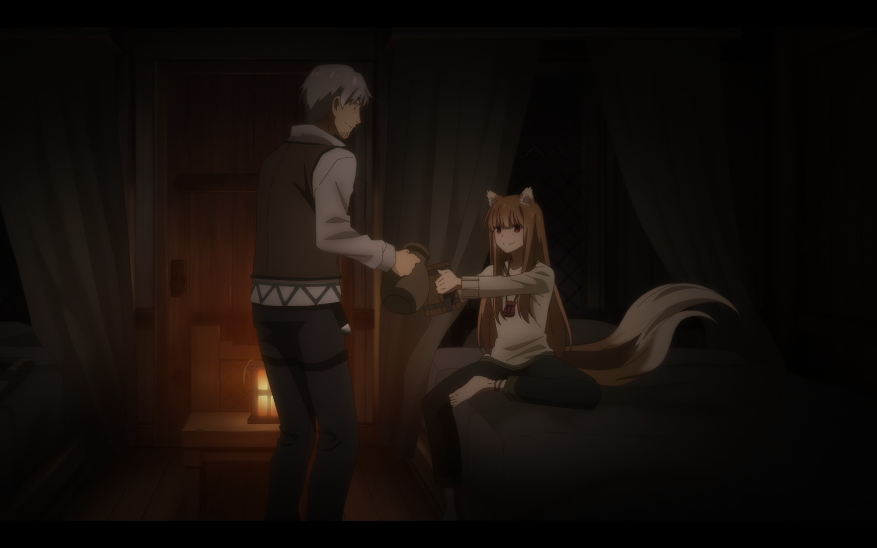 Holo and Lawrence sharing a drink in their inn room