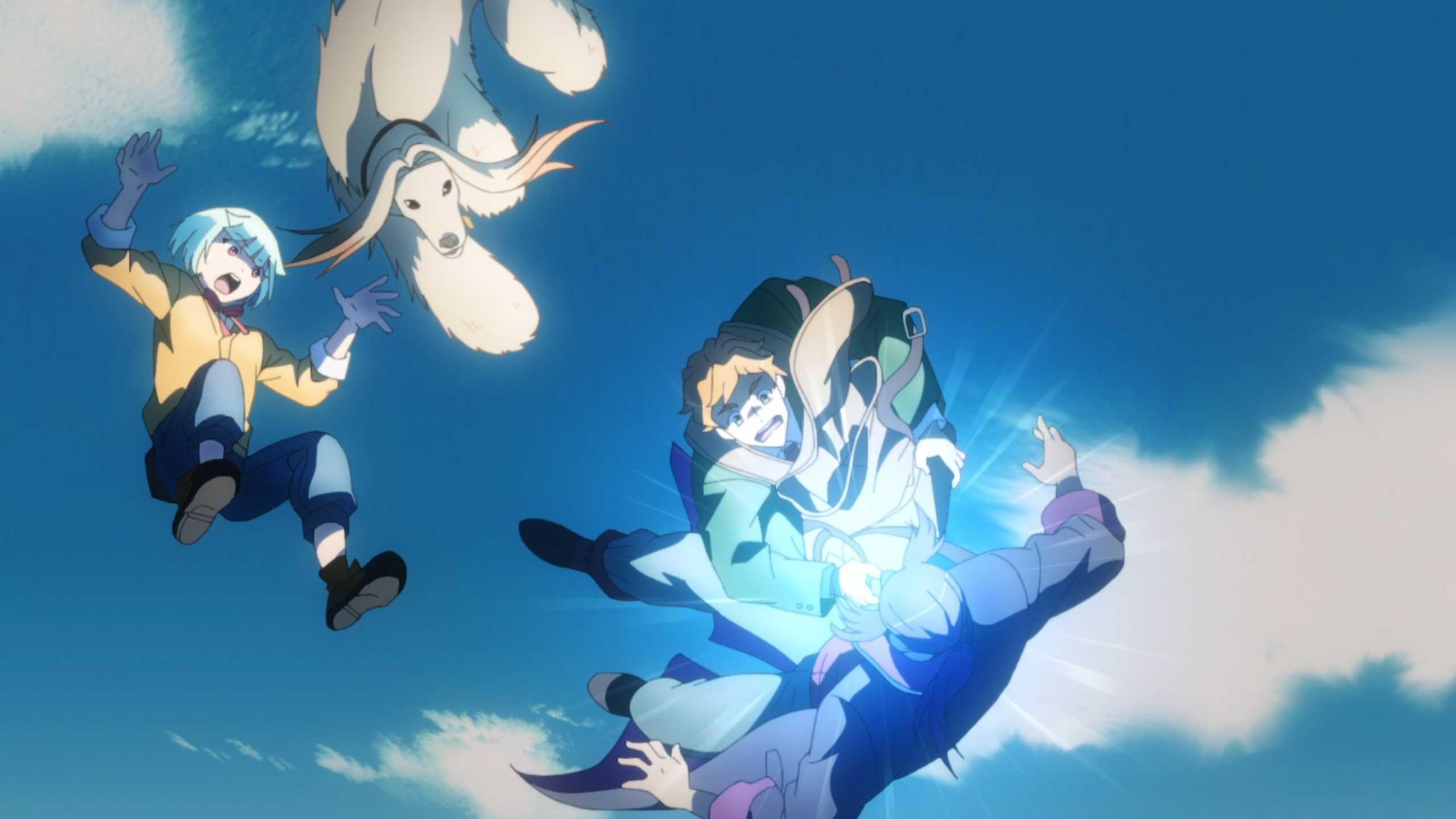Jiro, Taro, Saburo and Goro all falling from the sky while a MOParts hits Taro in the head